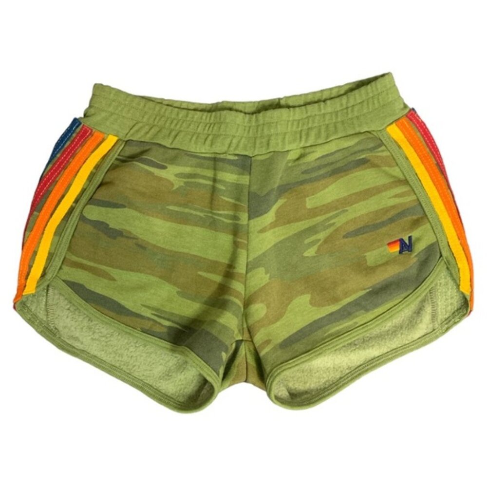 Aviator Nation 5-Stripe Jogger Shorts Camo Green Small Rainbow Stripes Pull-on
